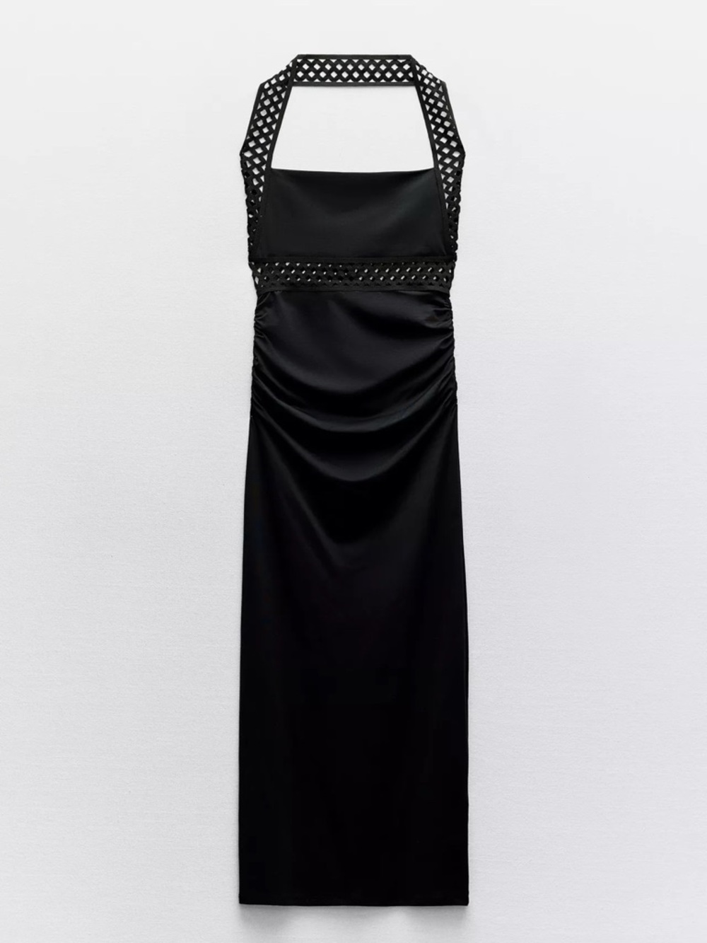 NWT Zara Black Halter Midi Dress Lattice Trim - Size S